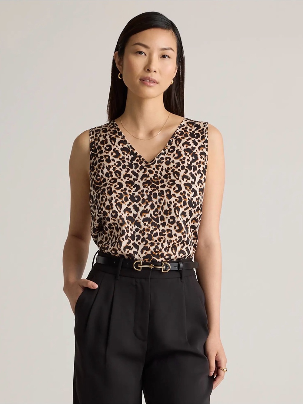 Quince Washable Stretch Silk Leopard Print V-Neck Tank Women’s XL